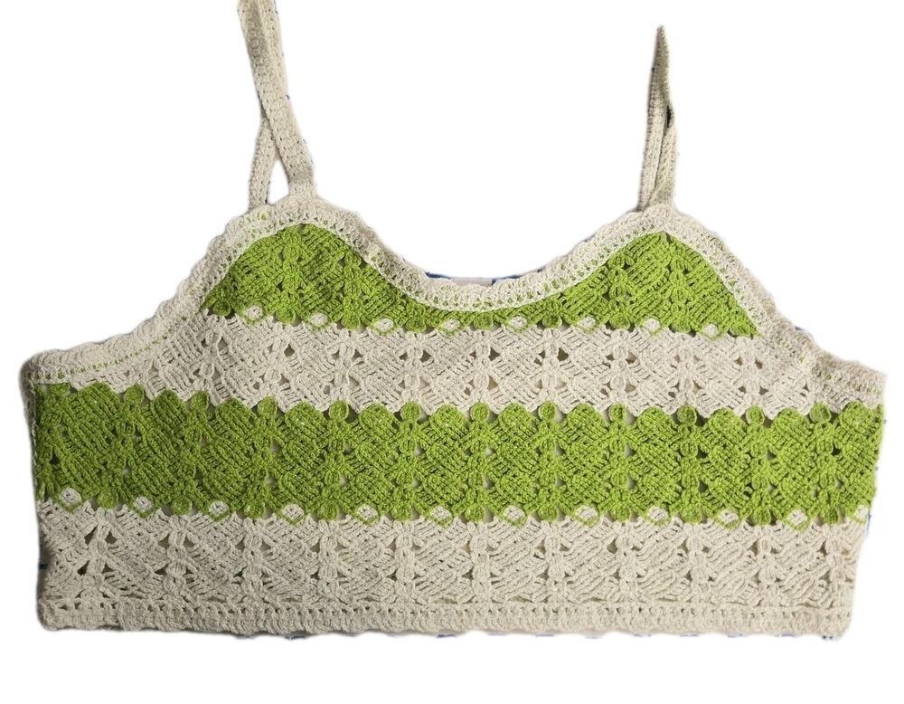 REBELLION Again Sz L Lime Creme Crochet Cropped Top NWT BOHO HIPPIE FESTIVAL